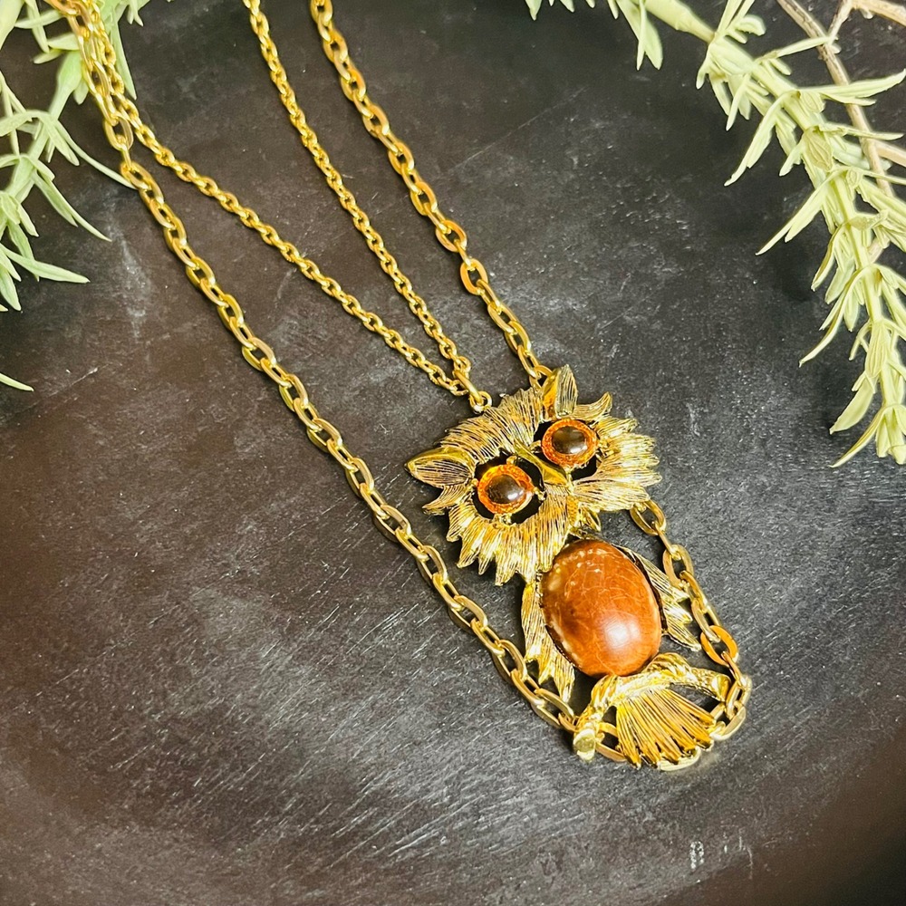 Vintage Owl Pendant Necklace‎ Gold Tone Chains | 1970s Boho Witchy Jewelry